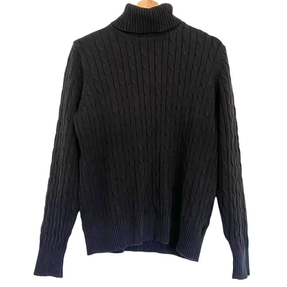 St. John's Bay Black Turtleneck Ridged Texture Academia Cotton Warm Soft Sweater
